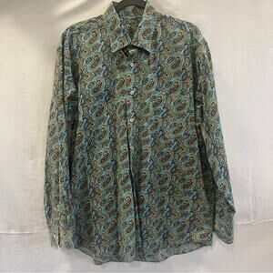 Alan Flusser Blue Paisley Shirt Mens Large Button Down Retro Elegant Futuristic
